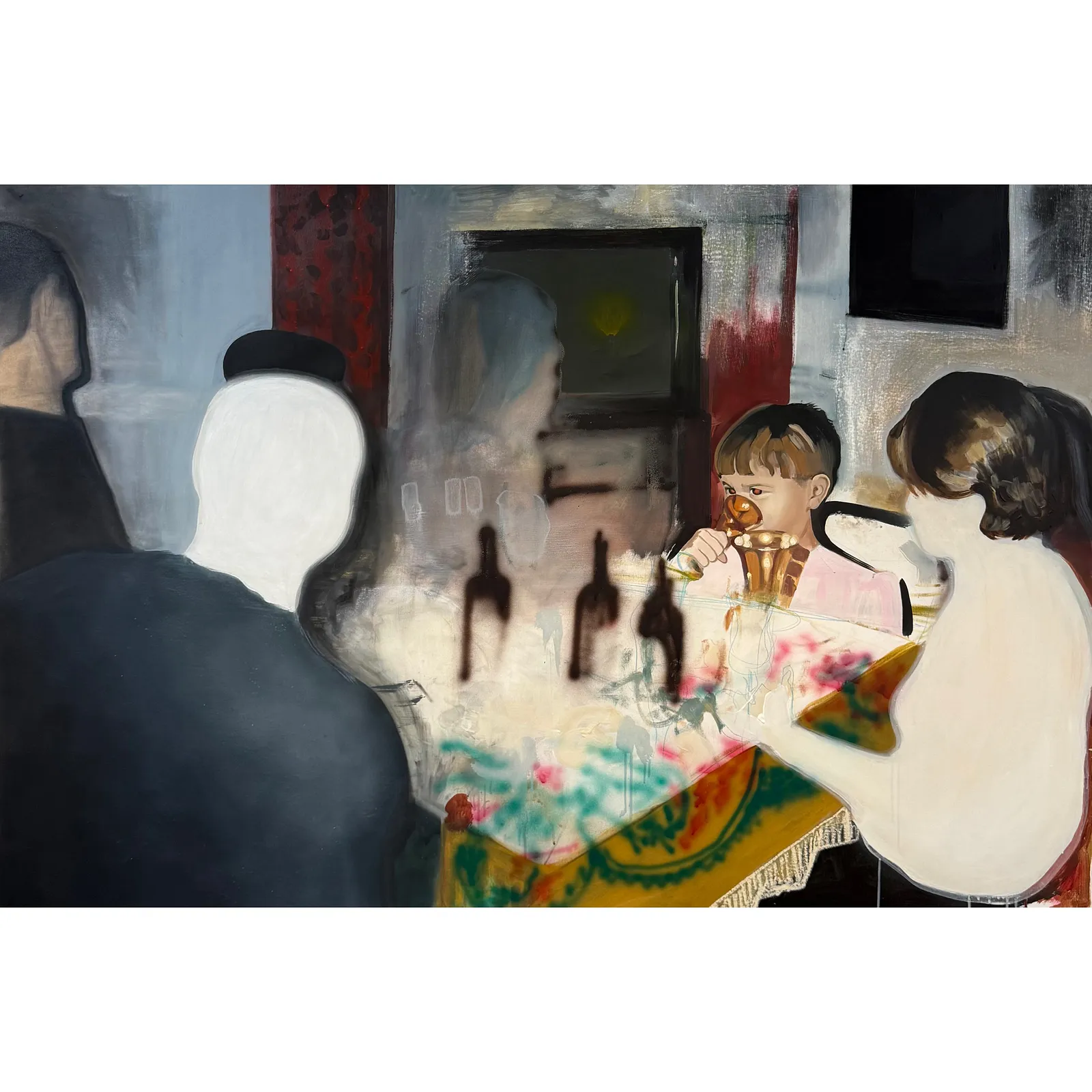 Image of New Year by Adriana Shportan, size: 100x150cm, made of oil, acrylic, spray on canvas, Painting medium, from London, part of the “When It Is Our Turn to Be Adults” series, priced at £4000 Photo 1 of 2.