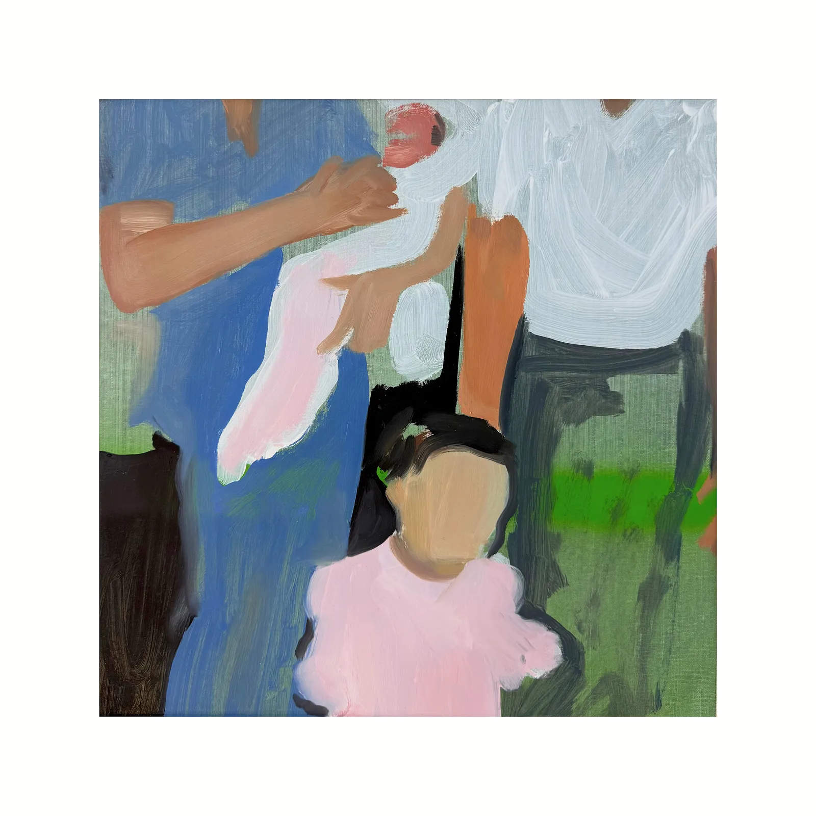 Image of Family portrait by Adriana Shportan, size: 35x35, made of oil on canvas, Painting medium, from London, part of the Moments series, priced at £450 Photo 1 of 4.