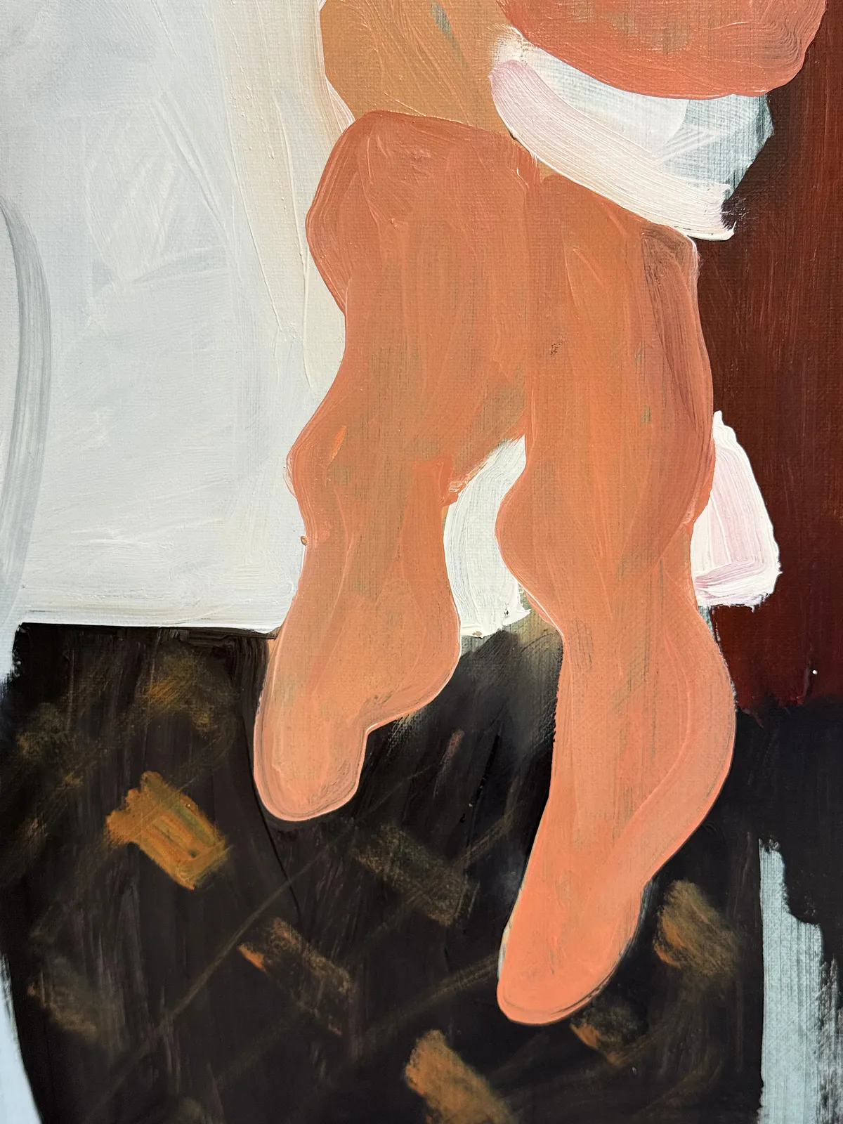 Image of Tights by Adriana Shportan, size: 35x35, made of oil on canvas, Painting medium, from London, part of the Moments series, priced at £450 Photo 2 of 4.