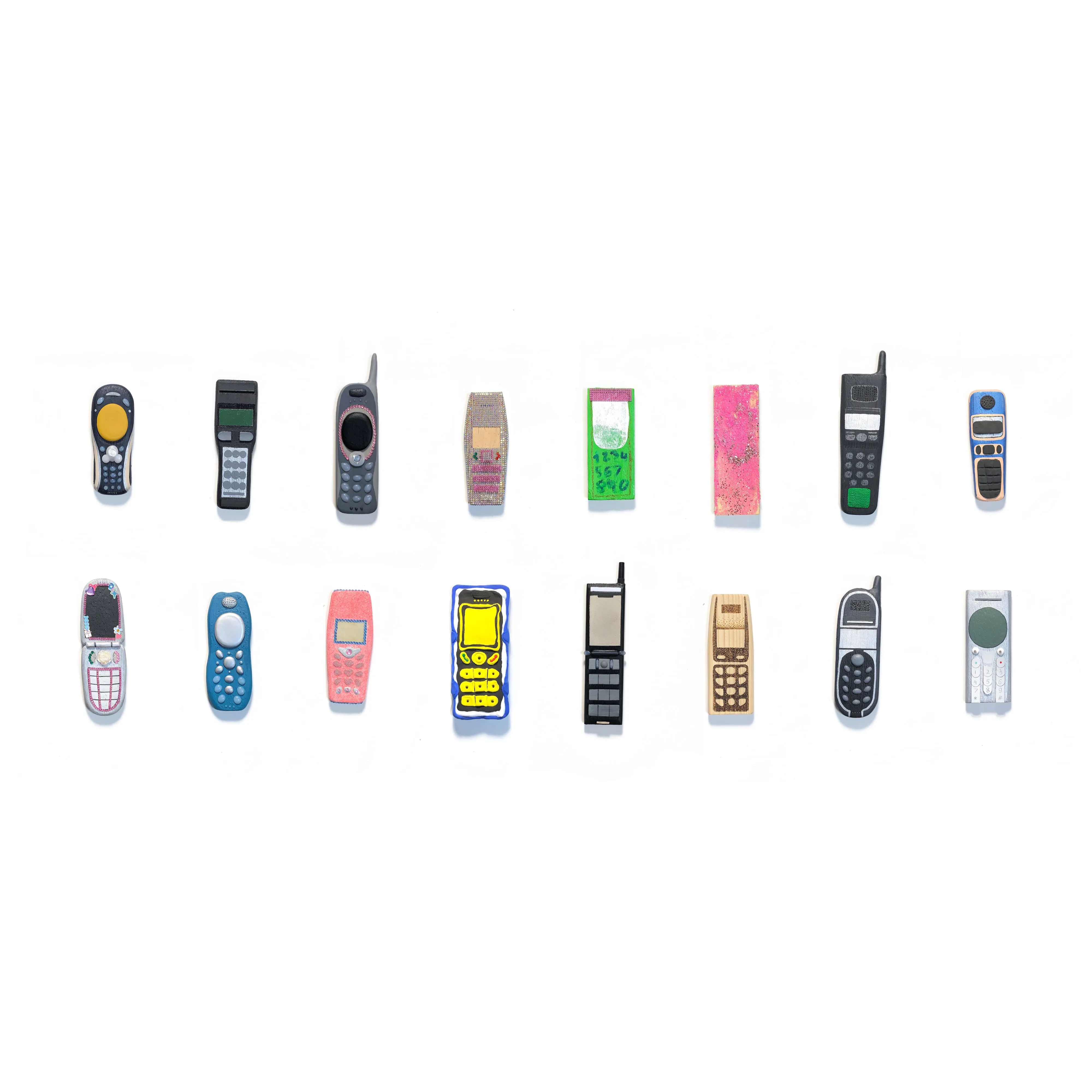 Image of Phones by Adriana Shportan, size: The average size of one phone 10 cm × 5 cm × 1.5 cm, made of wooden blocks, acrylic paint, and found/recycled materials;, Installation medium, from London, part of the “When It Is Our Turn to Be Adults” series, priced at £4300