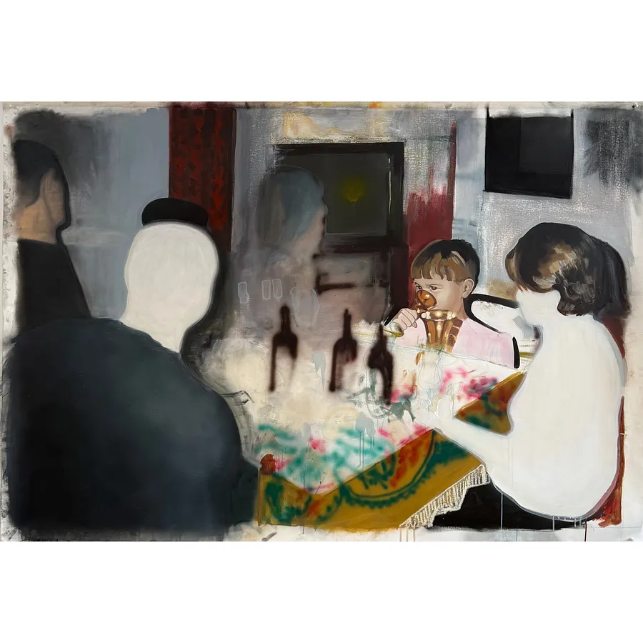 Image of New Year by Adriana Shportan, size: 100x150cm, made of oil, acrylic, spray on canvas, Painting medium, from London, part of the “When It Is Our Turn to Be Adults” series, priced at £4000