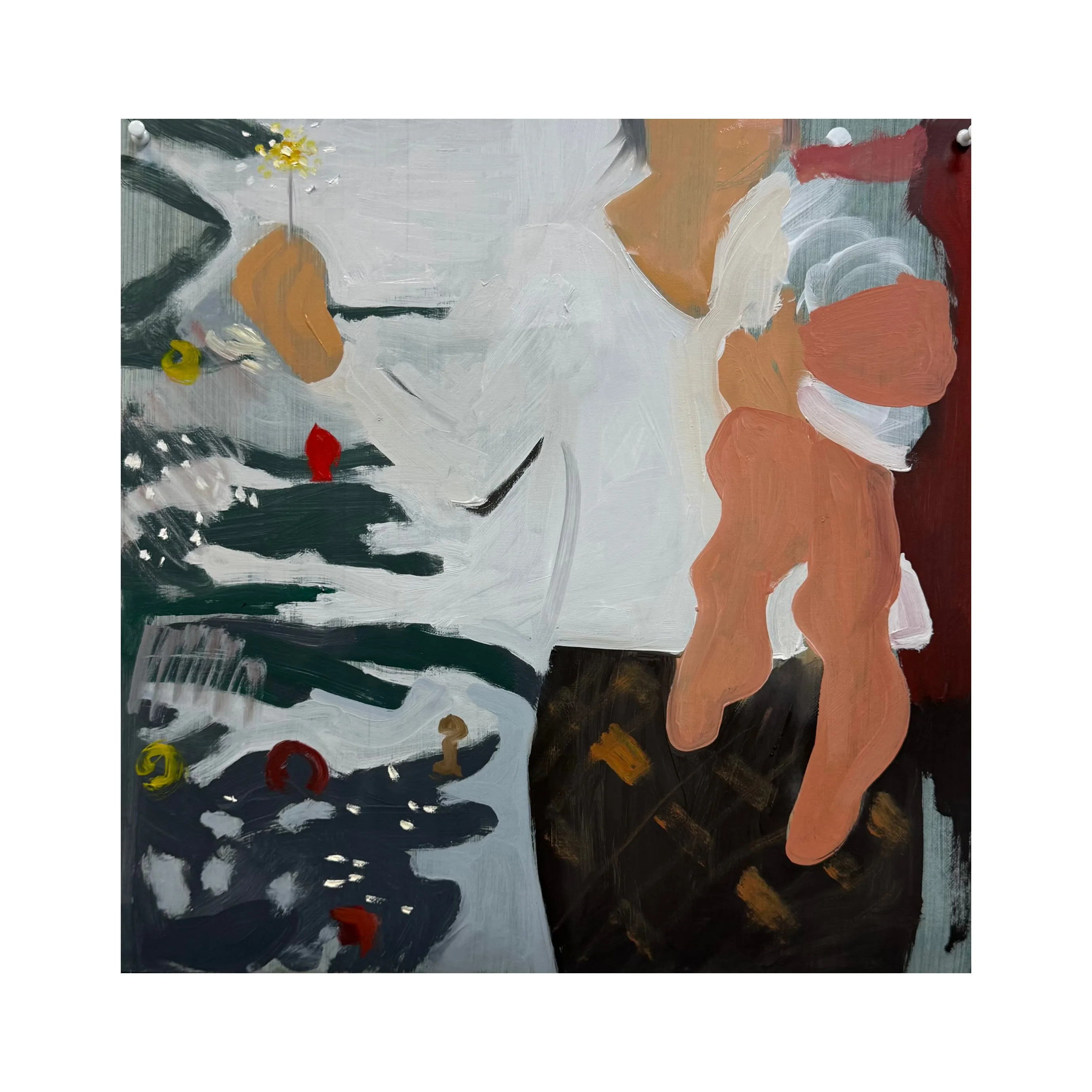 Image of Tights by Adriana Shportan, size: 35x35, made of oil on canvas, Painting medium, from London, part of the Moments series, priced at £450 Photo 1 of 2.