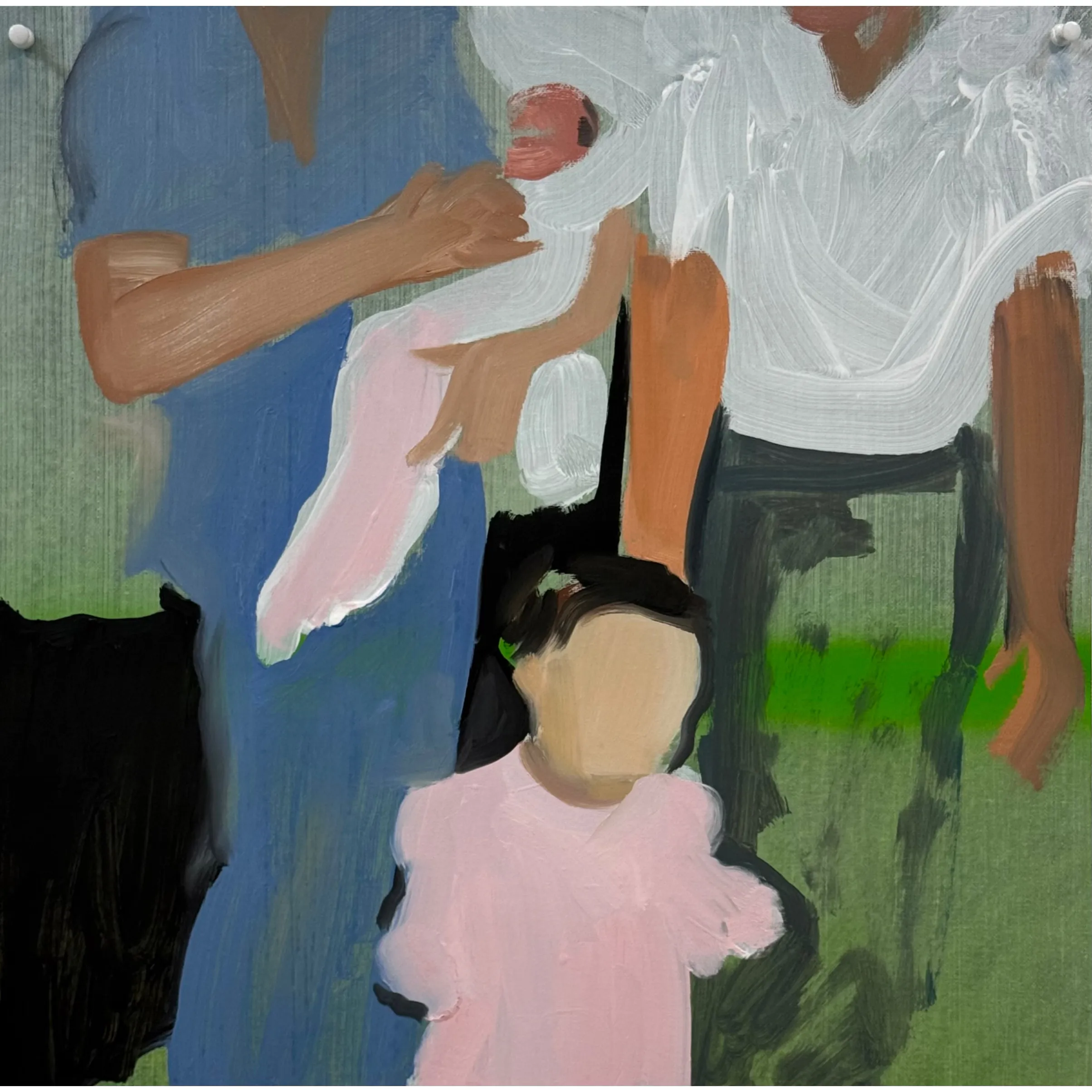 Image of Family portrait by Adriana Shportan, size: 35x35, made of oil on canvas, Painting medium, from London, part of the Moments series, priced at £450 Photo 2 of 2.